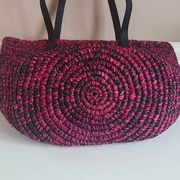 Pink and Black Woven Tote Bag Leather Handles Zip Closure - Picture 9 of 13